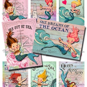 Mermaid Printable. Vintage-inspired digital collage sheet.  Instant download for crafting, card-making, journaling and scrapbooking.