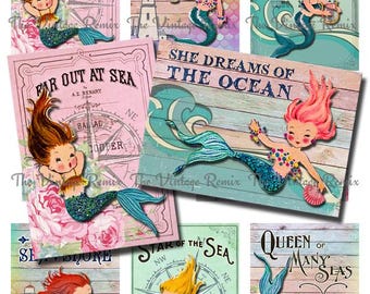 Mermaid Printable. Vintage-inspired digital collage sheet.  Instant download for crafting, card-making, journaling and scrapbooking.