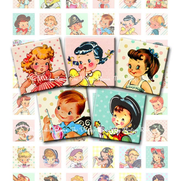 INSTANT DOWNLOAD, Vintage Retro Kids, 1 Inch Square Digital Collage Sheet, Printable Inchies for Scrabble Tile Pendants, Pins, Stickers.