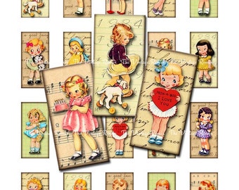 INSTANT DOWNLOAD, Digital Collage Sheet Domino size 1x2 Vintage Kids Retro Girls Boys for Jewelry, Card Making, Scrapbooking, Journaling