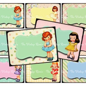 May include: Nine printable digital scrapbook paper designs featuring vintage illustrations of girls in various dresses and poses. Each design has a different background pattern, including polka dots, plaid, and stripes. The text "The Vintage Remix" appears on each design.