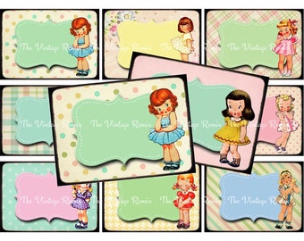 INSTANT DOWNLOAD, Printable Digital Collage Sheet, Vintage Girls with Pastel Frames for Name Tags, Place Cards, Gift Tags atc aceo
