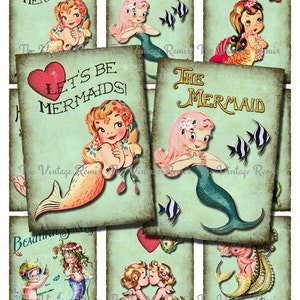 Druckbare Meerjungfrauen, Instant Download, digitale Collage Blatt, Vintage Grafik, Satz 9