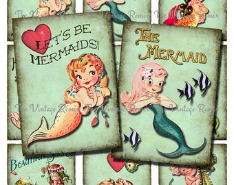 Printable Mermaids, Instant Download, Digital Collage Sheet, Vintage Graphics, Set of 9