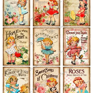 May include: Nine vintage illustrations featuring children and floral designs. Each illustration has a title and text. The titles include "Sweet Girl", "Vocal Blossoms", "Shower of Melodies", "Home is where the heart is", "Moonlight's", "Down the Trail", "The Flower of Italy Waltz", "Sweet Songs of Childhood", and "Roses Bring Dreams of You".