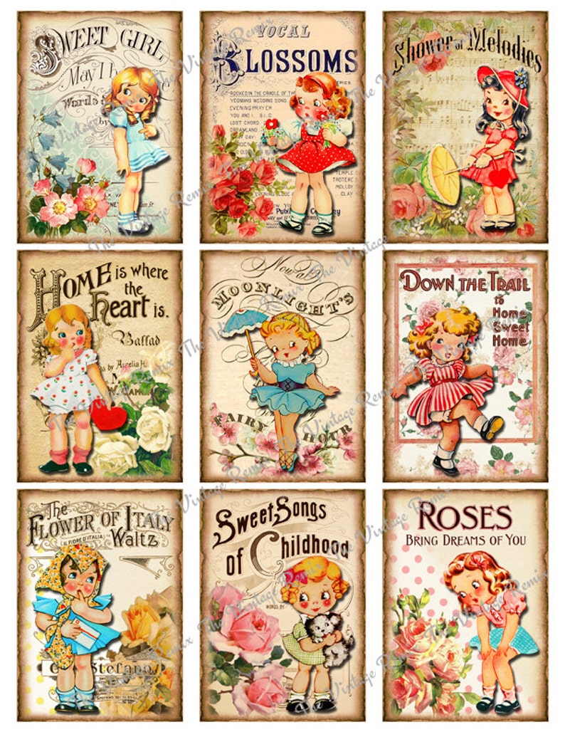 May include: Nine vintage illustrations featuring children and floral designs. Each illustration has a title and text. The titles include "Sweet Girl", "Vocal Blossoms", "Shower of Melodies", "Home is where the heart is", "Moonlight's", "Down the Trail", "The Flower of Italy Waltz", "Sweet Songs of Childhood", and "Roses Bring Dreams of You".