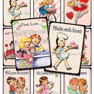 DOWNLOAD IMMEDIATO, Foglio di collage digitale, San Valentino retrò vintage, Amore, Anniversario, Scrapbooking, Biglietti, Etichette, Bambini, Ragazze, ATC