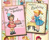 Retro Birthday Printables for Kids, INSTANT DOWNLOAD, Digital Collage Sheet, Vintage Images for cards, tags, labels, banners. aceo, atc
