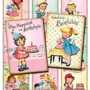 Retro verjaardag Printables voor kinderen, INSTANT DOWNLOAD, digitale Collage blad, Vintage beelden voor kaarten, labels, etiketten, banners. ACEO, atc