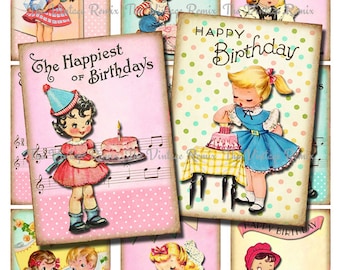 Retro Birthday Printables for Kids, INSTANT DOWNLOAD, Digital Collage Sheet, Vintage Images for cards, tags, labels, banners. aceo, atc