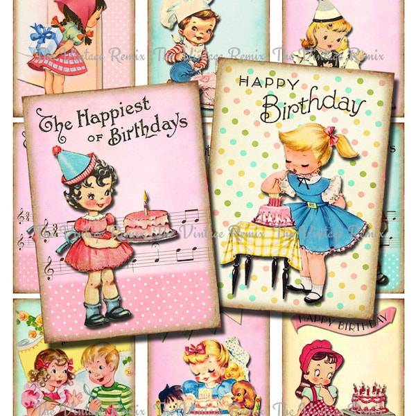 Retro Birthday Printables for Kids, INSTANT DOWNLOAD, Digital Collage Sheet, Vintage Images for cards, tags, labels, banners. aceo, atc