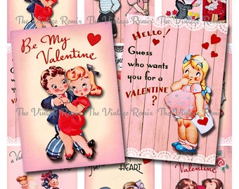 Valentine's Printables, Digital Collage Sheet, Instant Download, vintage-inspired set of 9 ATC sized images for crafting.