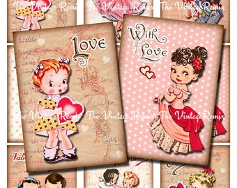 Printable Valentine's Day Cards/Tags, Instant download, Vintage-inspired digital collage sheet.