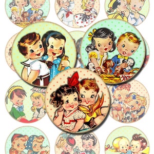 Puede incluir: Doce ilustraciones vintage de ni&ntilde;os en parejas, cada una con una pose y un fondo diferente. Las ilustraciones son de estilo de dibujos animados y presentan colores brillantes. Los ni&ntilde;os sonr&iacute;en y parecen felices.