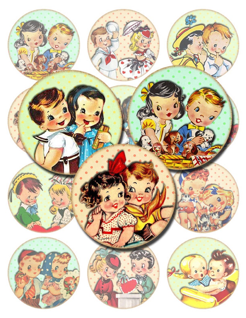 INSTANT DOWNLOAD, Printable 2.5 inch circles, Digital Collage Sheet of vintage kids, cute for cupcake toppers, pocket mirrors, tags image 1