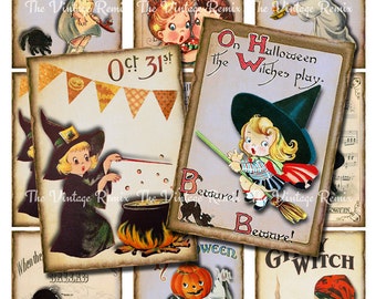 Halloween Instant Download, Digital Collage Sheet, Printable Retro Vintage Images, Witches, Children, Pumpkins, atc, aceo