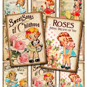 May include: Nine vintage-style images featuring illustrations of children and roses. The images have a light brown background with pink polka dots and text that reads "Sweet Songs of Childhood", "Roses Bring Dreams of You", "Shower of Melodies", "Sweet Girl May 1", "The Flower of Italy Waltz", "Vocal Blossoms", and "Sweet of Childhood".