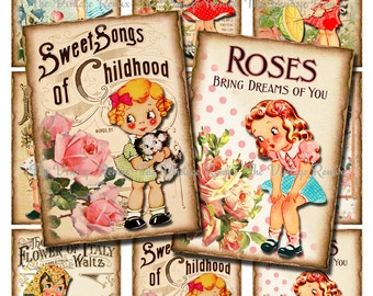 Digital Collage Sheet, Printable Vintage Sheet Music Girls, Instant Download, 9 Designs, 2.5" x 3.5" each. Scrapbooking elements.