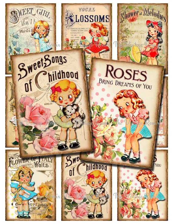 Digital Collage Sheet, Printable Vintage Sheet Music Girls, Instant Download, 9 Designs, 2.5" x 3.5" each. Scrapbooking elements.