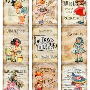 Digital Collage Sheet, Vintage Girls Printable Download, Altered Art Ephemera ATC ACEO size JPEG file image 2