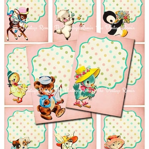May include: A set of vintage greeting cards with charming animal illustrations. Each card has a pink background with a polka dot pattern and a scalloped frame. The animals depicted include a deer, lamb, penguin, duckling, bear, bird, puppy, donkey, and kitten.