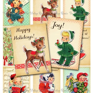 May include: Nine vintage Christmas card images featuring illustrations of children, reindeer, and a Christmas tree. The cards have a retro, mid-century modern aesthetic with a red and white polka dot pattern.