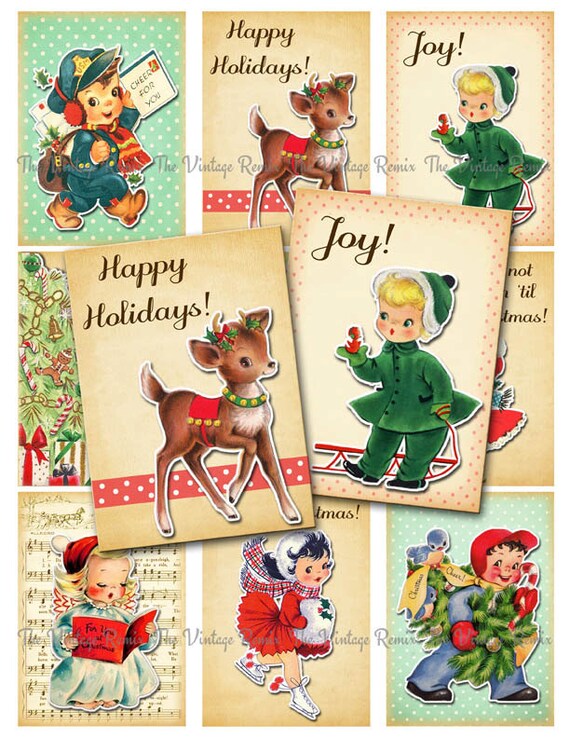 INSTANT DOWNLOAD, Digital Collage Sheet, Christmas Tags, Printable Labels, Gift Tags, Retro Vintage Girls and Boys, atc aceo