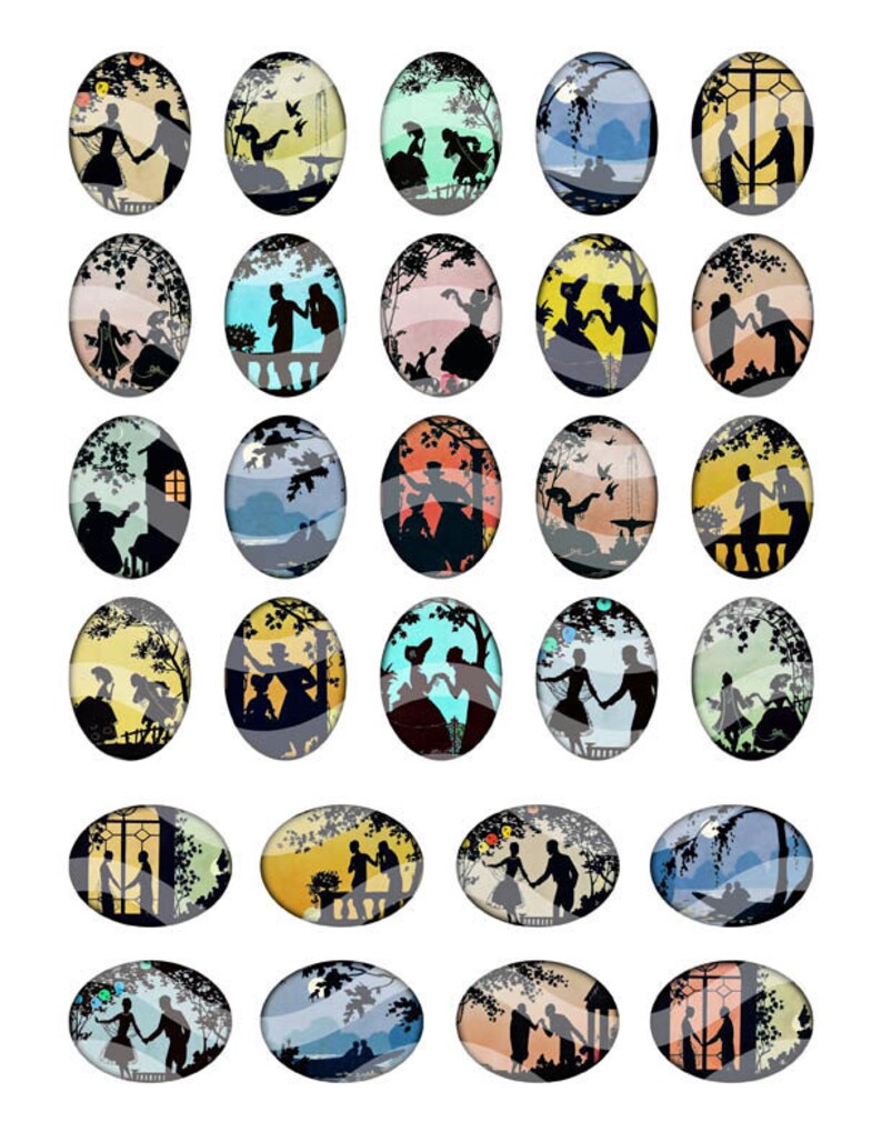 INSTANT DOWNLOAD Digital Collage Sheet Ovals Vintage Art Deco and Victorian Romantic Silhouettes 30x40mm for pendants cameos brooches
