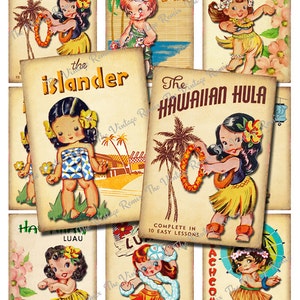 INSTANT DOWNLOAD, Vintage Hula Girls, Digital Collage Sheet, Retro ATC Printables