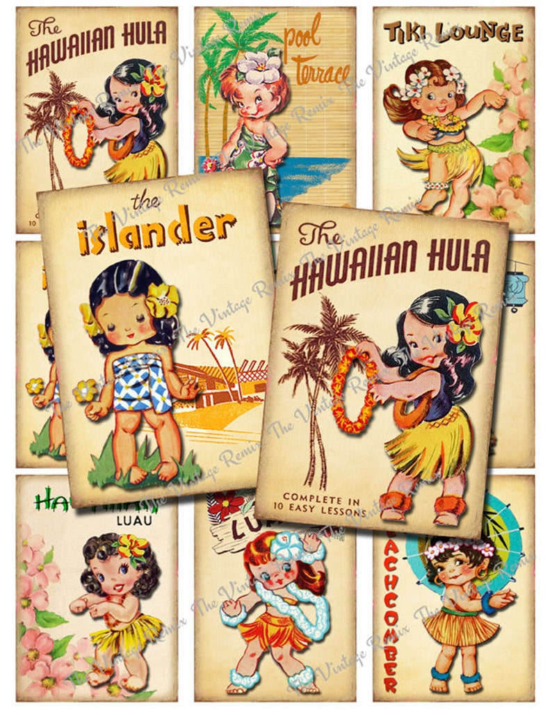 INSTANT DOWNLOAD Vintage Hula Girls Digital Collage Sheet image 0