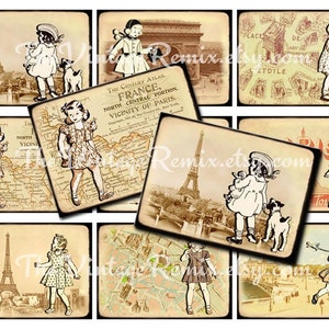 DESCARGA instantánea, Collage Digital hoja, ATC Paris Vintage niñas, para imprimir gráficos, recortes, diario, viaje Retro, Torre Eiffel