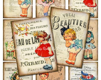 Digital Collage Sheet, Vintage Girls Printable Download, Altered Art Ephemera ATC ACEO size JPEG file