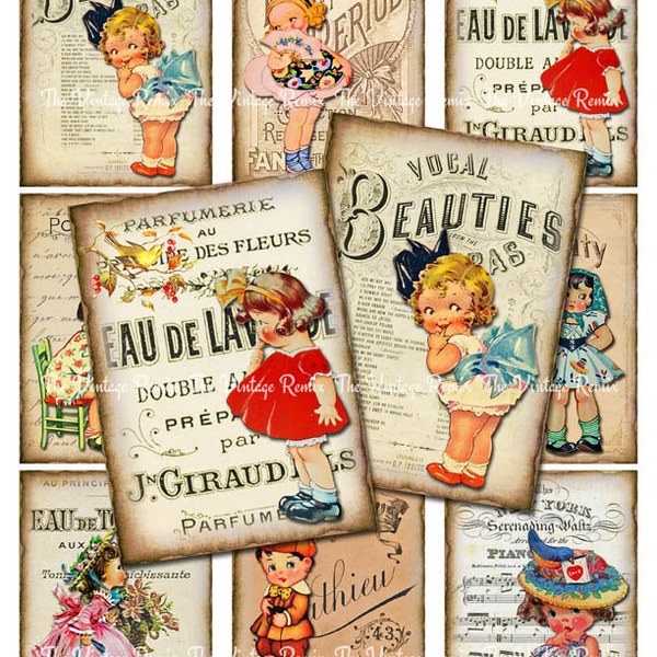 Digital Collage Sheet, Vintage Girls Printable Download, Altered Art Ephemera ATC ACEO size JPEG file