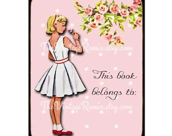 INSTANT DOWNLOAD, Printable Digital Book Plates, Blonde Shabby Chic Girl with Roses