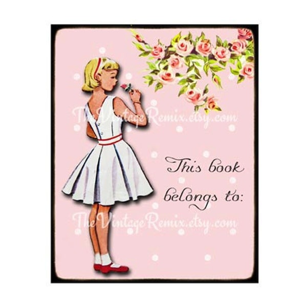 INSTANT DOWNLOAD, Printable Digital Book Plates, Blonde Shabby Chic Girl with Roses