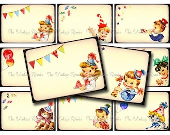 Vintage Birthday Party Digital Collage Sheet, Name Tags, Place Cards, Gift Tags ATC ACEO