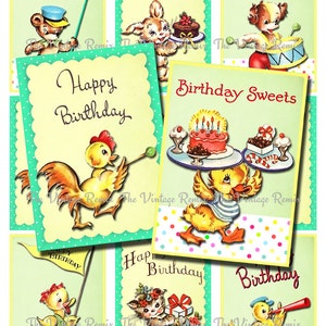 INSTANT DOWNLOAD Retro Birthday Animal Parade, Printabe Digital Collage Sheet for scrapbooking, card making, banners, tags. atc/aceo sized.