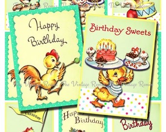 INSTANT DOWNLOAD Retro Birthday Animal Parade, Printabe Digital Collage Sheet for scrapbooking, card making, banners, tags. atc/aceo sized.