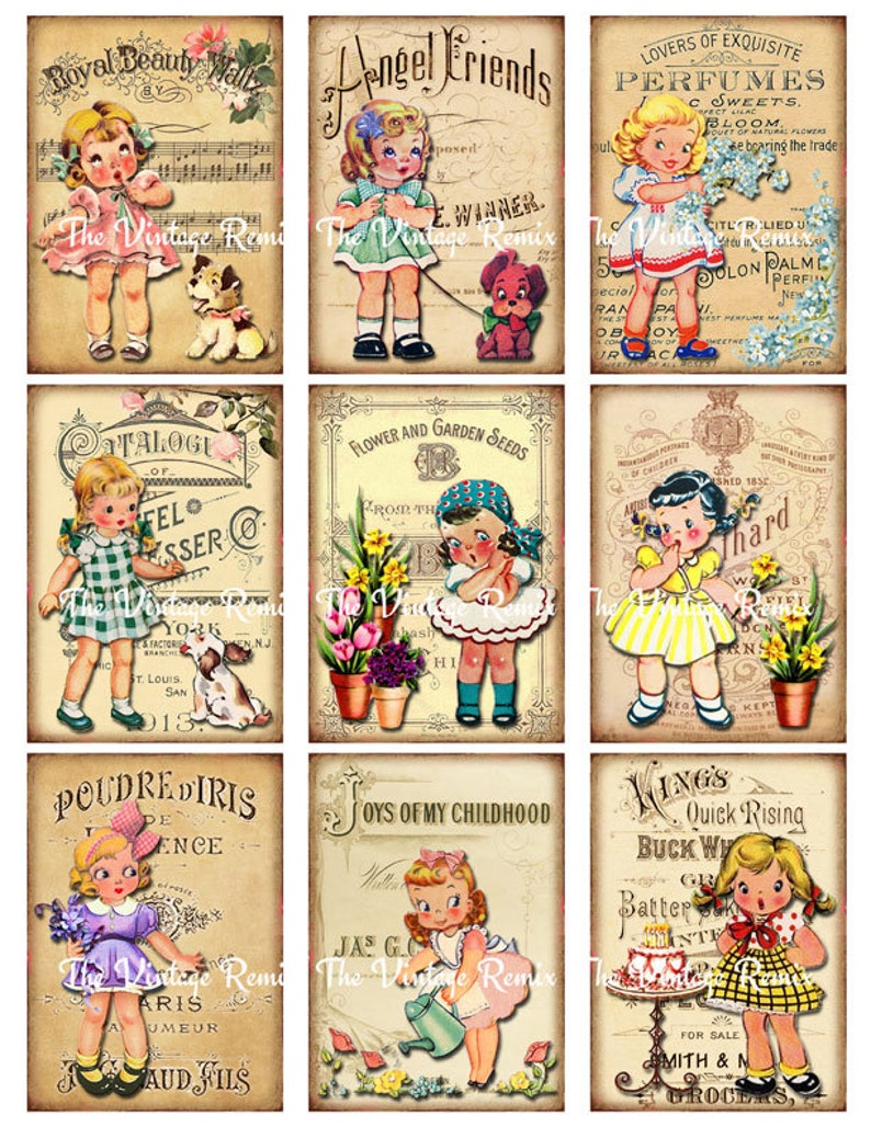 INSTANT DOWNLOAD, Digital Collage Sheet, Altered Art Girls, Vintage Ephemera, Printable Images for Card Making, Journaling, Tags ACEO image 2