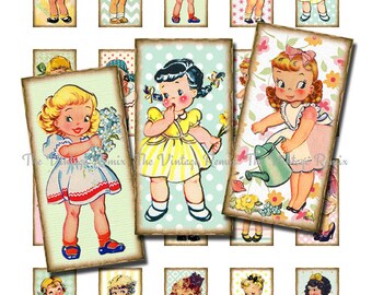 INSTANT DOWNLOAD, Digital Collage Sheet, Printable Domino Images of Retro, Vintage Girls, 1x2 inch.