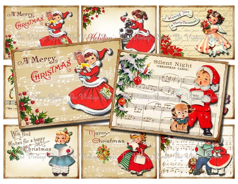 Instant Download, Christmas Printable Gift Tags, Labels, Digital Collage Sheet, Retro Vintage Girls and Boys, aceo atc 