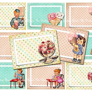 INSTANT DOWNLOAD, digitale Collage Sheet Vintage Birthday Party, bedruckbare Namensschilder, Tischkarten, Geschenkanhänger, Retro-Eis Thema, Atc aceo