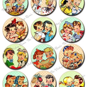 Puede incluir: Doce ilustraciones vintage de ni&ntilde;os en varias poses, cada una con un fondo verde claro o naranja claro con lunares blancos. Las ilustraciones son de estilo de dibujos animados y presentan ni&ntilde;os con mejillas sonrosadas y ojos grandes. Los ni&ntilde;os visten varios atuendos, incluidos vestidos, camisas y pantalones. Algunos de los ni&ntilde;os sostienen corazones, flores u otros objetos. Las ilustraciones son perfectas para scrapbooking, creaci&oacute;n de tarjetas u otros proyectos de manualidades.