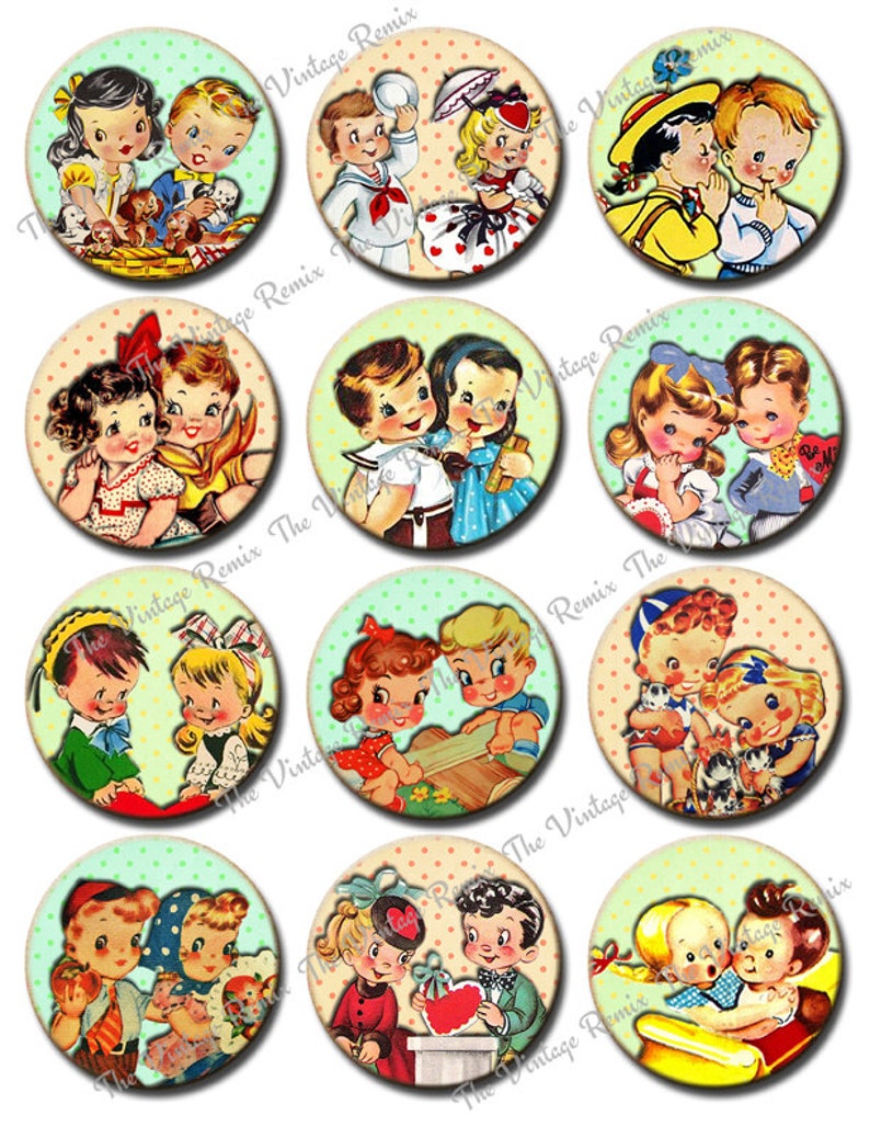 Puede incluir: Doce ilustraciones vintage de ni&ntilde;os en varias poses, cada una con un fondo verde claro o naranja claro con lunares blancos. Las ilustraciones son de estilo de dibujos animados y presentan ni&ntilde;os con mejillas sonrosadas y ojos grandes. Los ni&ntilde;os visten varios atuendos, incluidos vestidos, camisas y pantalones. Algunos de los ni&ntilde;os sostienen corazones, flores u otros objetos. Las ilustraciones son perfectas para scrapbooking, creaci&oacute;n de tarjetas u otros proyectos de manualidades.