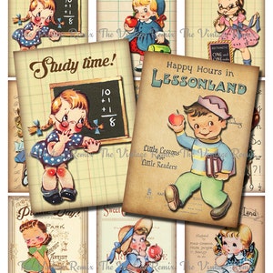 Printable School Scrapbook Images, Instant Download, Digital Collage Sheet, Retro-Vintage School Children, atc/aceo sized.
