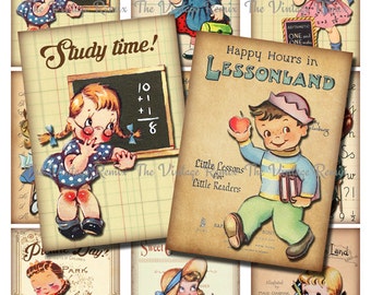 Printable School Scrapbook Images, Instant Download, Digital Collage Sheet, Retro-Vintage School Children, atc/aceo sized.