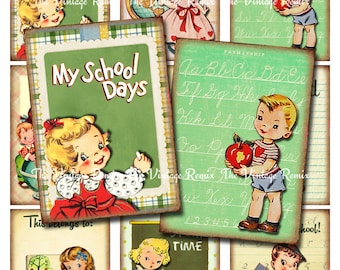 Volver a escuela imprimible, Instant Download, hoja del Collage Digital, Retro Vintage Kids, Scrapbooking, aceo atc