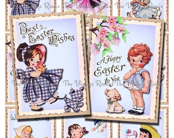 Printable Easter Girl Tags, Vintage Inspired Digital Collage Sheet, Instant Download, Easter Spring Decor, Set of 9.