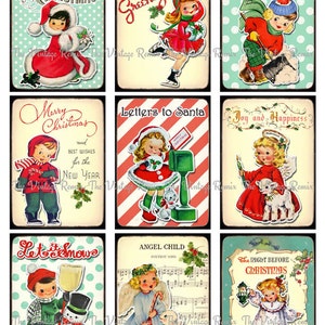 May include: Nine vintage Christmas cards featuring illustrations of children in various festive scenes. The cards have a retro, whimsical style and include text such as "Merry Christmas", "Let it Snow", and "The Season's Greetings".