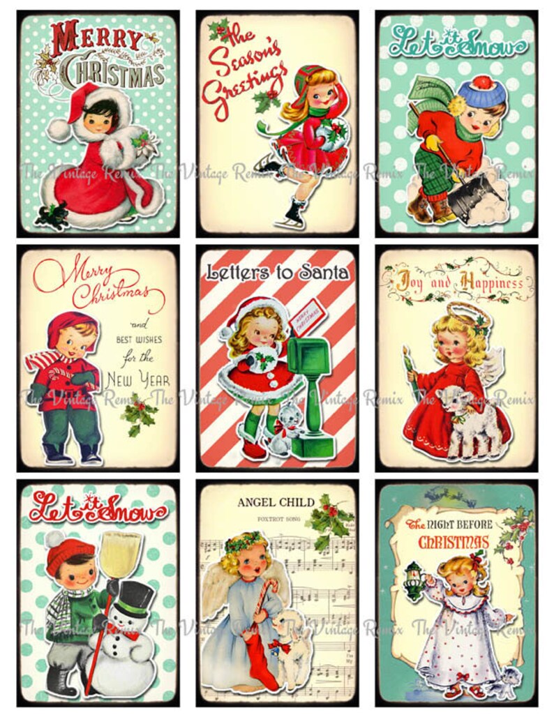May include: Nine vintage Christmas cards featuring illustrations of children in various festive scenes. The cards have a retro, whimsical style and include text such as "Merry Christmas", "Let it Snow", and "The Season's Greetings".